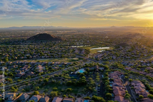 A aerial view during sunset of Las Sendas a golf community in east Mesa Arizona.