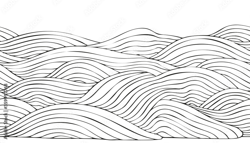 Ocean Waves horizontal seamless pattern. Coloring book page for adult and children. Hand-drawn, Black and white Sea Waves. Doodle, vector design element. - obrazy, fototapety, plakaty 