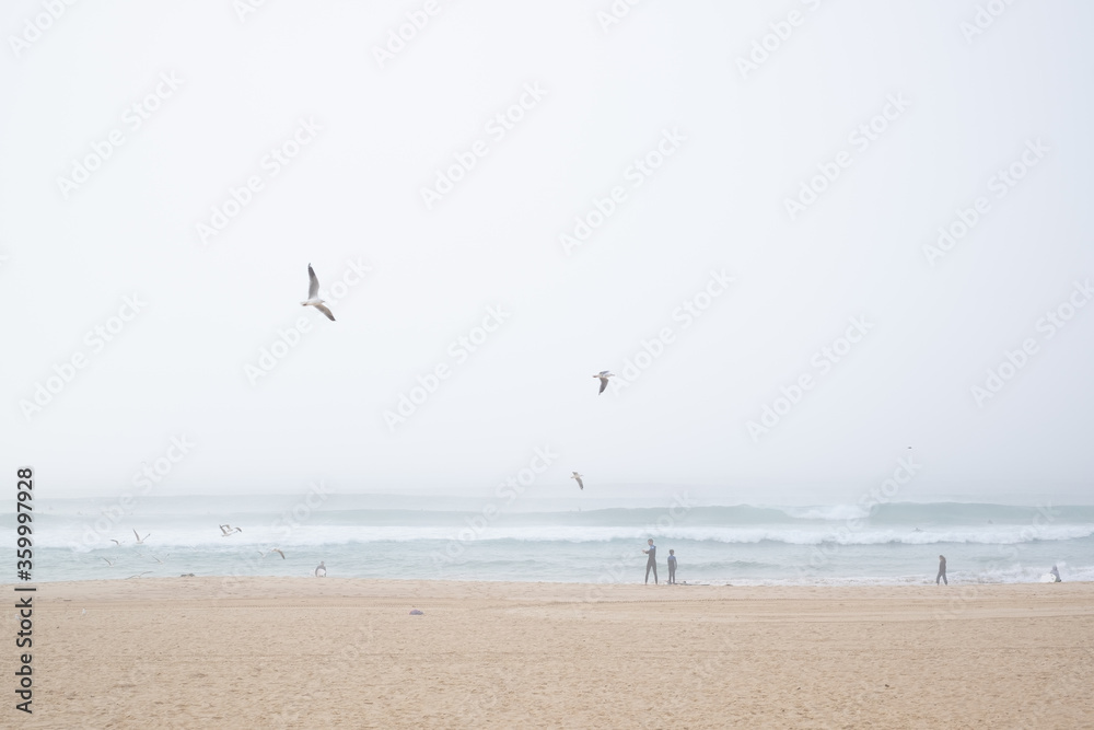 surfers enjoy the waves and the dense fog surfers enjoy the waves and the dense fog