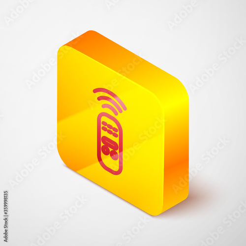 Isometric line Smart remote control system icon isolated on grey background. Internet of things concept with wireless connection. Yellow square button. Vector