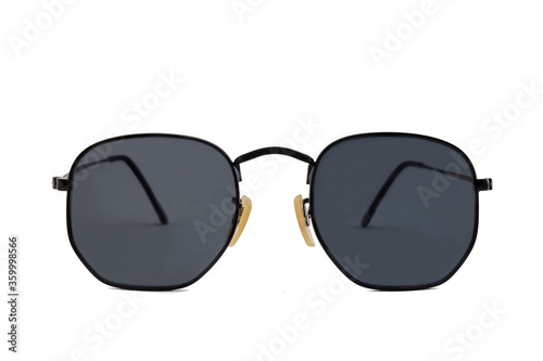 Black rectangular sunglasses with round bottom matte lenses and thin black frames isolated on white background. Front View.