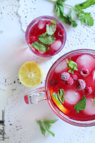 View from above of a refreshing, fruity summer drink with ice