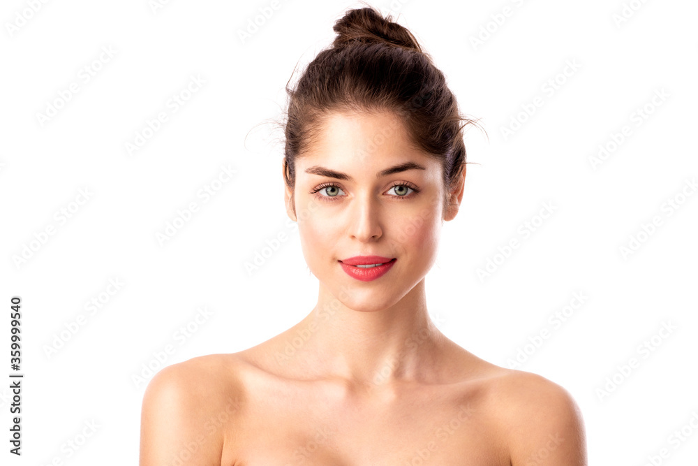 Headshot of beautiful woman's face with red lipstick Headshot of beautiful woman's face with red lipstick
