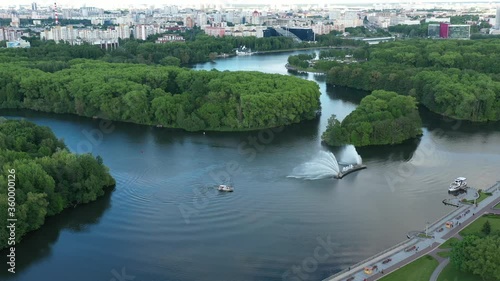 Great Fountain in Minsk (Belarus). Victory Park Minsk, Belarus, fountain sail. Aerial view, cityscape of Minsk. 