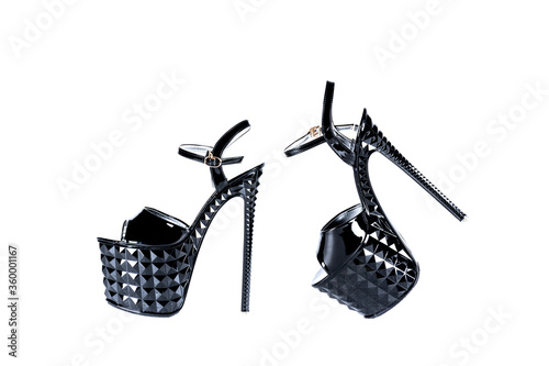 striptease shoes. High-heeled shoes. Strips of three for poldance, exotic, strip of plastic. strips for the store catalog. isolated shoes strips on white blackground.