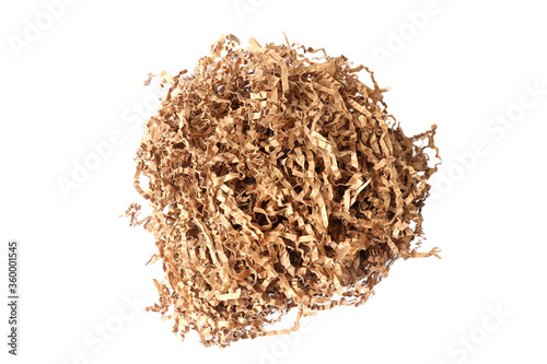 Shredded brown paper for packing material. Recycle and nature conservation. Background and texture. Environmental protection concept. Isolated, top view.