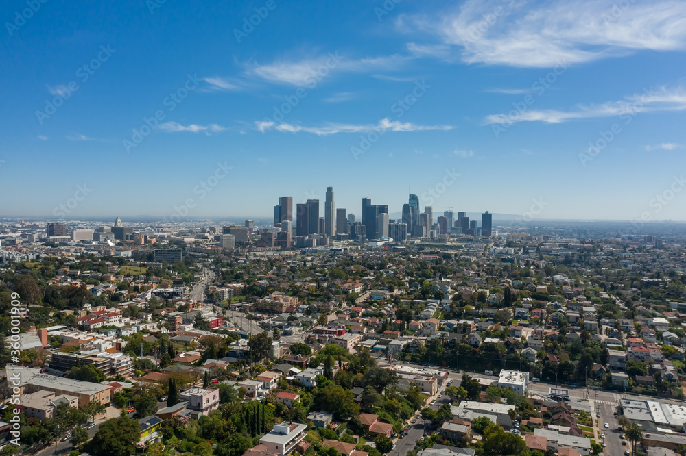 Drone, panoramic view of Los Angeles skyline in California