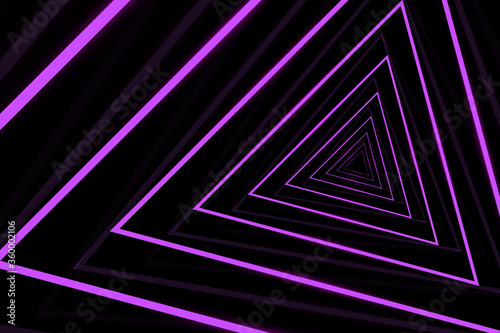 Triangular Tunnel. Bright Structure of the Corridor in Perspective. Abstract Black and Pink Pattern with Stripes. Vector. 3D Illustration