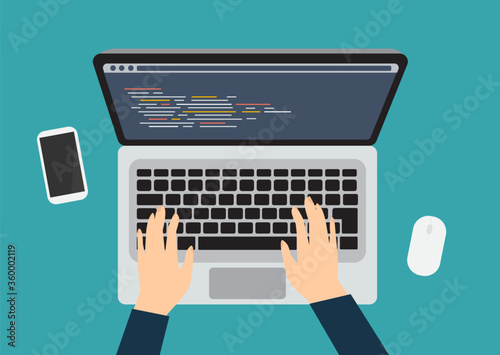 Programming and coding concept, top angle view on computer laptop screen, vector illustration