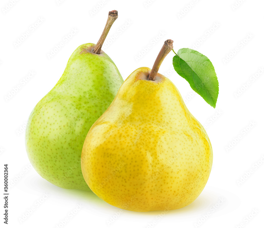 Two isolated pears. Yellow and green pear fruits isolated on white background