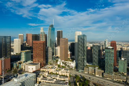 Aerial, drone view of Los Angeles downtown skyline with its high rises and skyscrapers