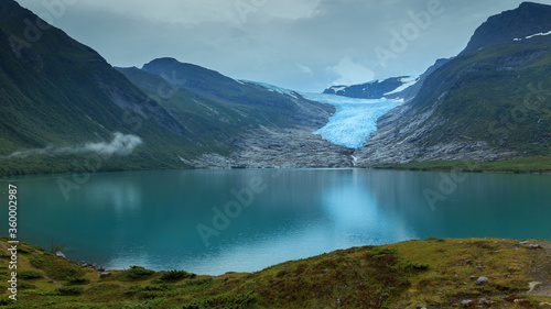 Svartisen Glacier landscape with ice  mountains and sky in Norway