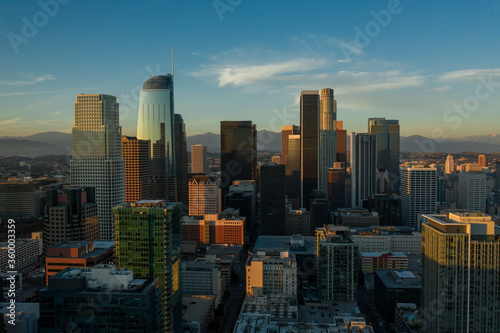 Aerial view of a center of Los Angeles downtown with its high rises and skyscrapers