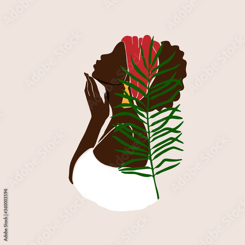 Abstract female profile portrait. Beautiful African American, Latina woman holds a hand near the face in a white dress. Modern design for spa, beauty salons Vector illustration