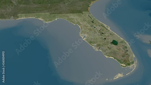 Florida, state with its capital, zoomed and extruded on the satellite map of United States in the conformal Stereographic projection. Animation 3D