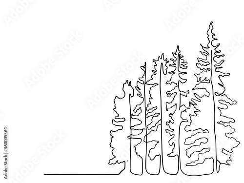 Pine tree continuous line drawing art. simple forest, one line drawing of nature tree vector illustration, line drawing of forest with trees. minimal line doodle.