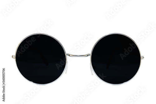 Street style oval sunglasses with thin silver metal frame, black matte lens, isolated on white background, front view.