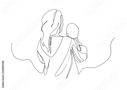 Continuous single drawn one line woman in hospital with newborn child. hand-drawn silhouette image. Line art. character mother with newborn baby. mom with baby one line Vector illustration,