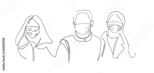 Group of people wearing medical masks to prevent disease, flu, air pollution, contaminated air, world pollution one line drawing.. Vector illustration in a flat style. Single line continous drawing.