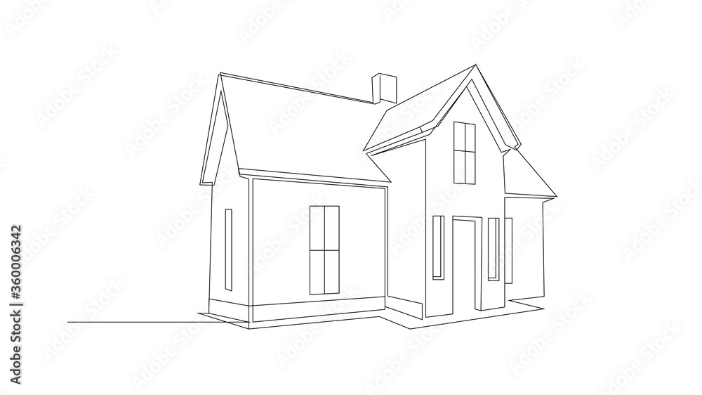 Continuous line drawing of house, residential building concept, logo, symbol, construction, illustration simple. one line drawing of a house. House drawing in perspective.