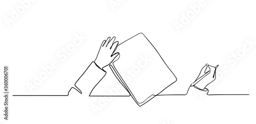 One continuous line drawing of hand writing gesture on a piece of paper Write concept single line draw design illustration. hands from first view writing with a pen. photo