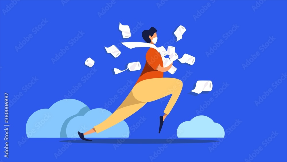 Man in medical mask in panic shopping in a supermaket grabs toilet paper in bulk due to coronavirus crisis. covid-19 pandemic concept. flat vector illustration. man with toilet paper running.