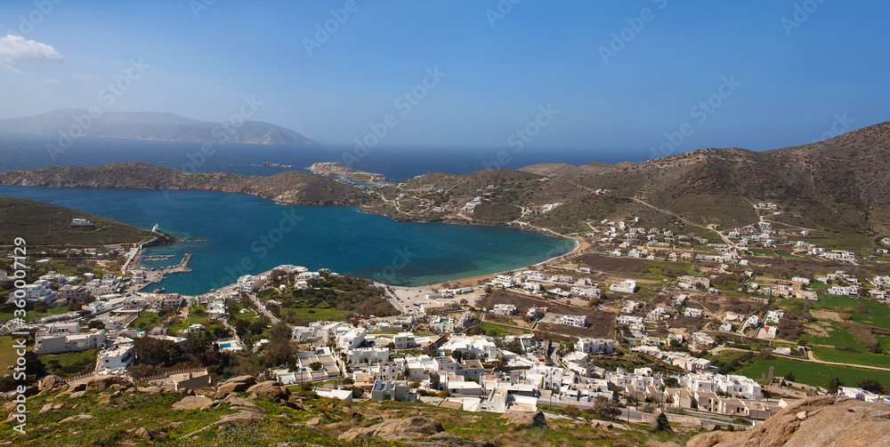 Panoramic view of harbor and waterfront of Ios island, Cyclades, Greece