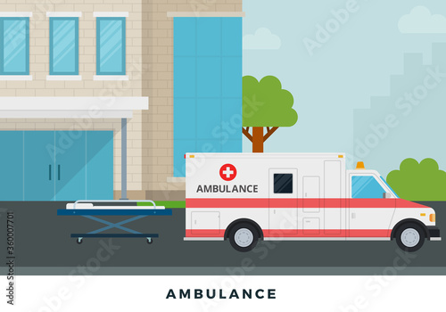 Ambulance in the courtyard vector flat illustration.