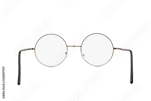 Street style oval prescription glasses with thin silver metal frame, clear lens, isolated on white background,  first person view (pov, fpv).