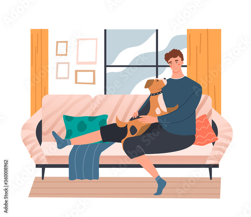 Young man playing with his dog on a sofa at home as he spends a day relaxing, colored vector illustration