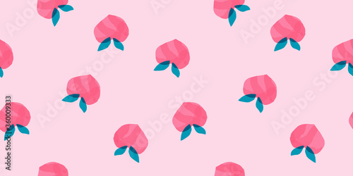 Seamless peaches fruit vector pattern. Hand drawn watercolor pink fruit art for wallpaper textile fabric designs. Cute vector illustrations in cartoon style.Print