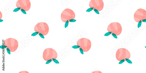 Seamless peaches fruit vector pattern. Hand drawn watercolor orange fruit art for wallpaper textile fabric designs. Cute vector illustrations in cartoon style.Print
