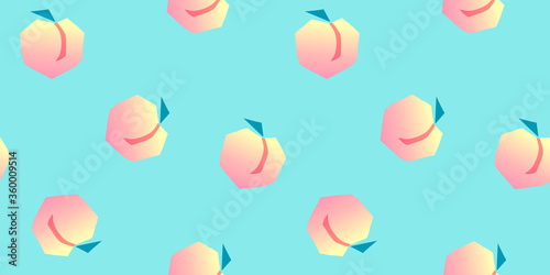 Seamless peaches fruit vector pattern. Hand drawn pink yellow fruit art with blue background for wallpaper textile fabric designs. Cute vector illustrations in cartoon style.