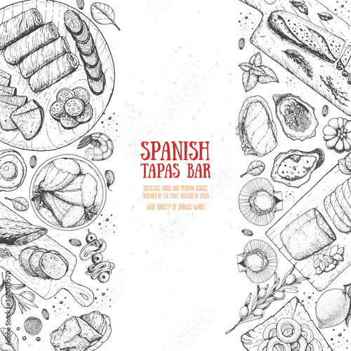 Spanish tapas, top view. Food menu design template. Vintage hand drawn sketch vector illustration. Engraved image.