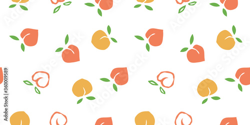 Fototapeta Naklejka Na Ścianę i Meble -  Seamless peaches fruit vector pattern. Hand drawn pink orange fruit art for wallpaper textile fabric designs. Cute vector illustrations in cartoon style.