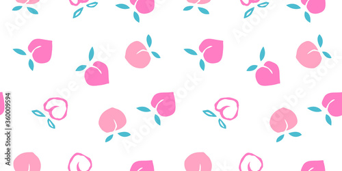 Seamless peaches fruit vector pattern. Hand drawn pink fruit art for wallpaper textile fabric designs. Cute vector illustrations in cartoon style.