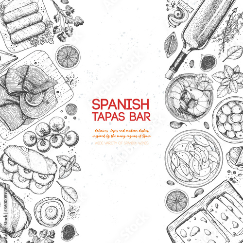 Spanish tapas, top view. Food menu design template. Vintage hand drawn sketch vector illustration. Engraved image.