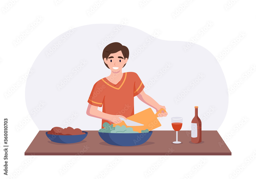 Adorable man cooking on kitchen table. Cartoon male character making salad for lunch or dinner. Culinary hobby vector illustration concept. Front view interior scene in flat style Adorable man cooking on kitchen table. Cartoon male character making salad for lunch or dinner. Culinary hobby vector illustration concept. Front view interior scene in flat style