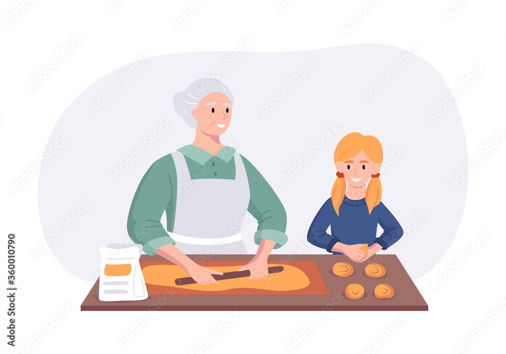 Grandmother and granddaughter couple cooking dinner at the table in the kitchen. Cartoon character concept preparing meals at home in flat style. Vector illustration
