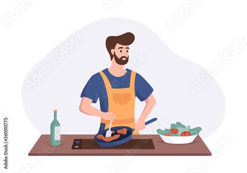 Chef cooking dinner at the table in the kitchen. Cartoon character concept preparing meals at home in flat style. Vector illustration