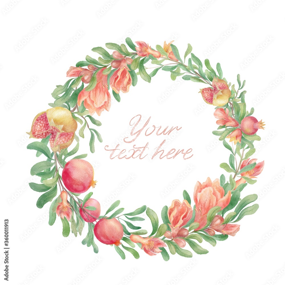 Pomegranate fruit and flower round border. Circle frame with fruits, branches, blossoms, buds, leaves. Red summer botanical border. Your text here. Watercolor pattern template for cards, decorations Pomegranate fruit and flower round border. Circle frame with fruits, branches, blossoms, buds, leaves. Red summer botanical border. Your text here. Watercolor pattern template for cards, decorations
