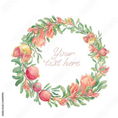 Pomegranate fruit and flower round border. Circle frame with fruits, branches, blossoms, buds, leaves. Red summer botanical border. Your text here. Watercolor pattern template for cards, decorations