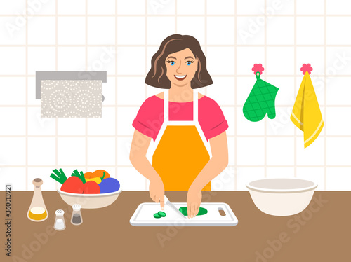Young modern woman cuts fresh vegetables for salad or ragout in the kitchen. Flat vector cartoon illustration. Mom cooks dinner for family. Cooking at home. Preparing vegetarian diet meal