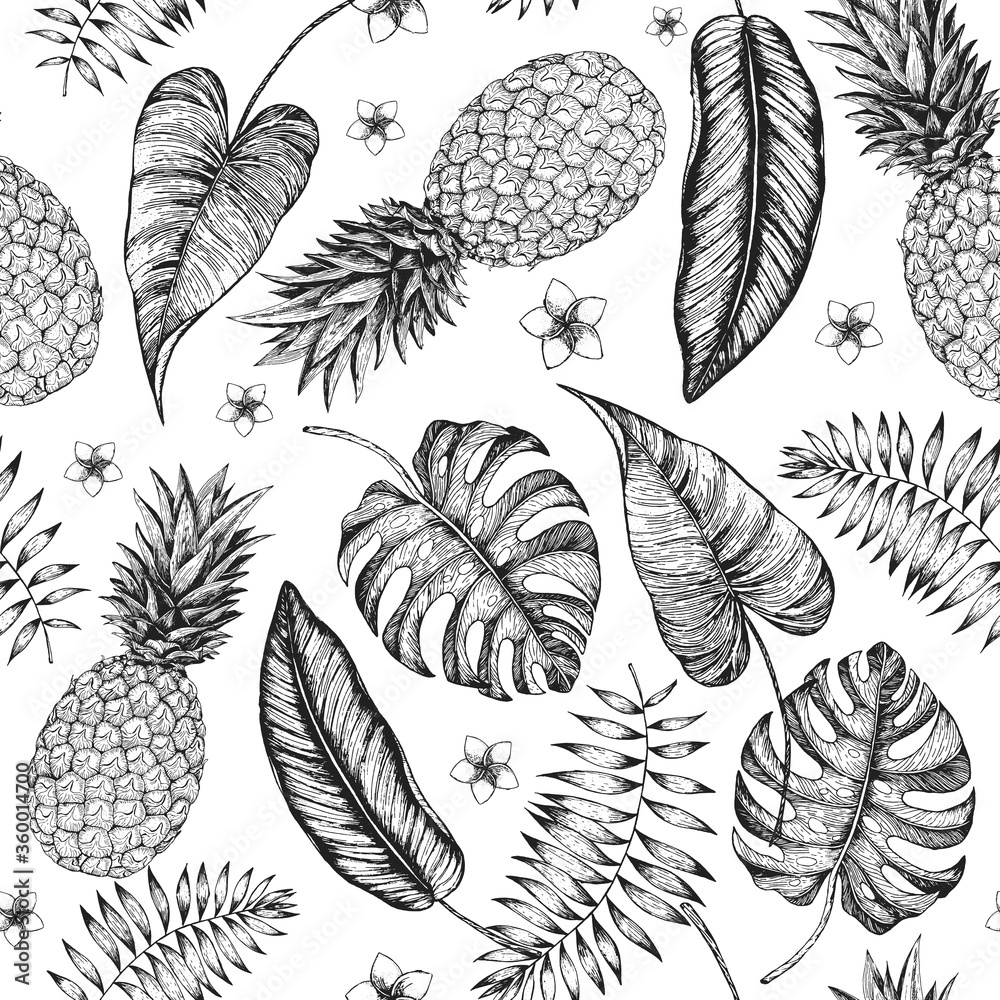 Tropical palm leaves seamless pattern. Vector illustration leaves of palm. Jungle pattern. Print on cloth template.