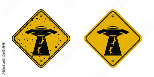 Abstract Danger Yellow Road Rign Ufo Alien Abduction Human Vector Ilustration Design