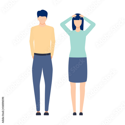 Man and woman problem. Emotional people vector illustration. Conflict in family relationship. Sad husband with wife.