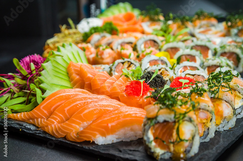 Sushi set (combo). Traditional Japanese cuisine, premium sushi decorated in elegant surroundings.