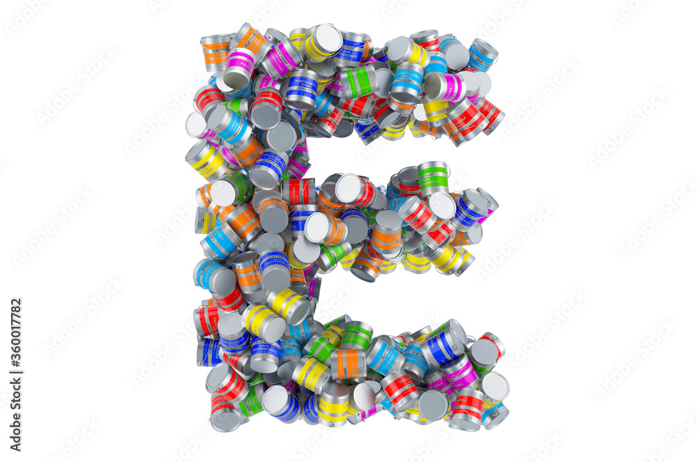 Letter E from colored paint cans, 3D rendering
