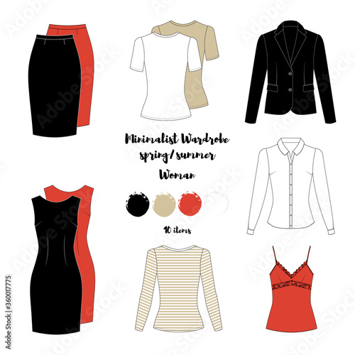 Illustration of women's skirt, shirt, shorts, pants, jeans, t-shirt, longsleeve, cardigan, jacket, jerseys, singlet. Minimalist Basic capsule wardrobe. Casual style. Technical drawing. Spring summer