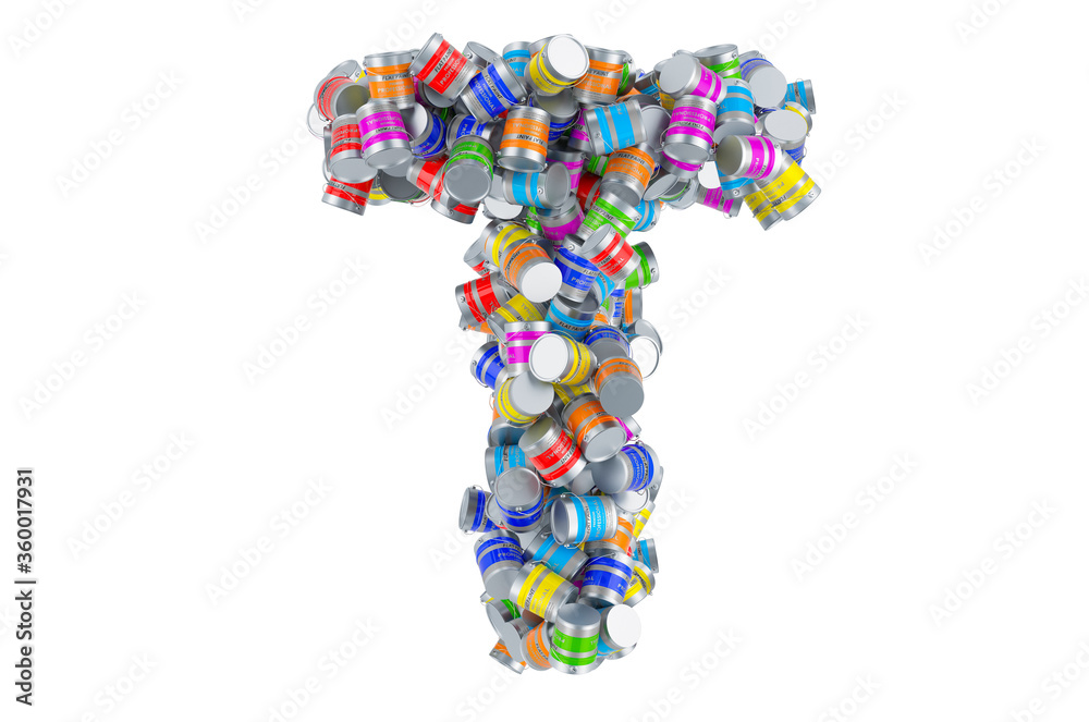 Letter T from colored paint cans, 3D rendering Letter T from colored paint cans, 3D rendering